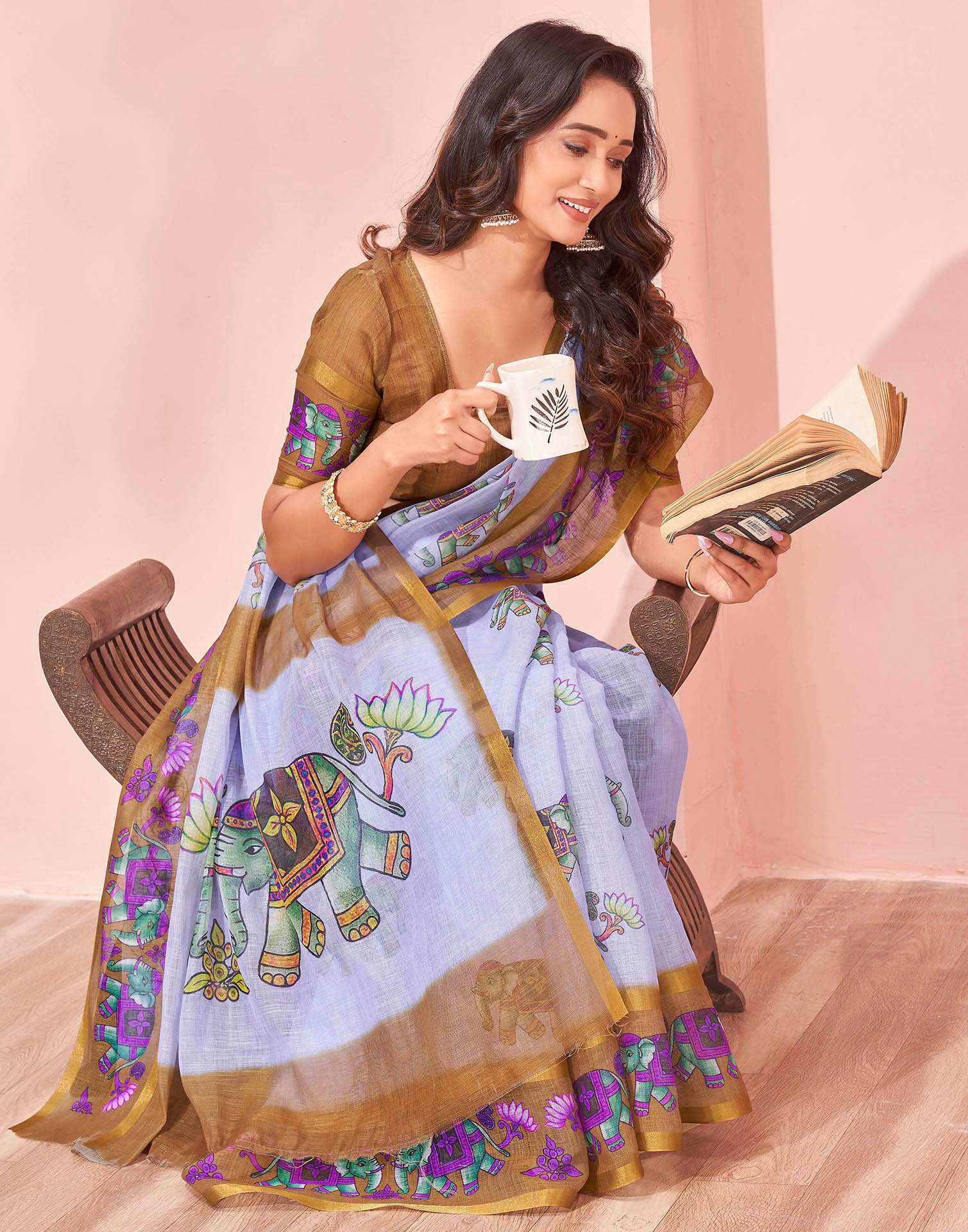 Light Blue Linen Printed Kalamkari Saree