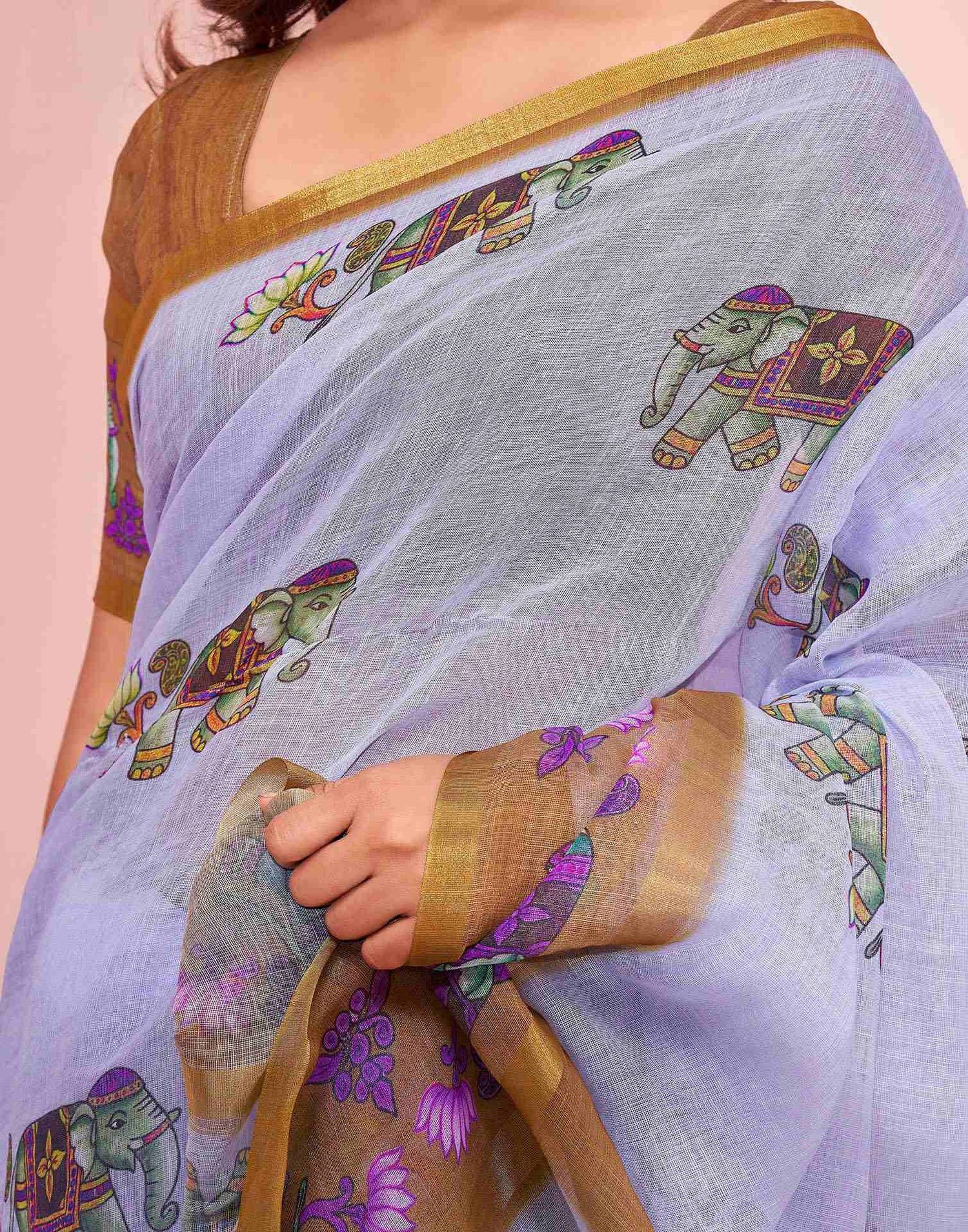 Light Blue Linen Printed Kalamkari Saree