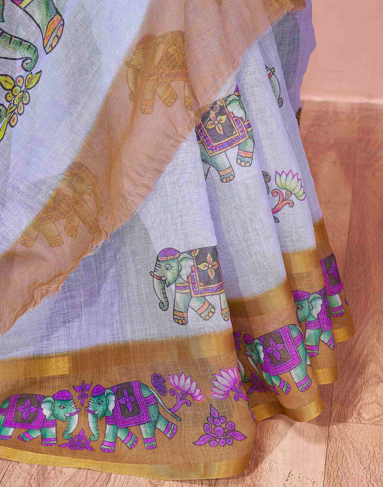 Light Blue Linen Printed Kalamkari Saree