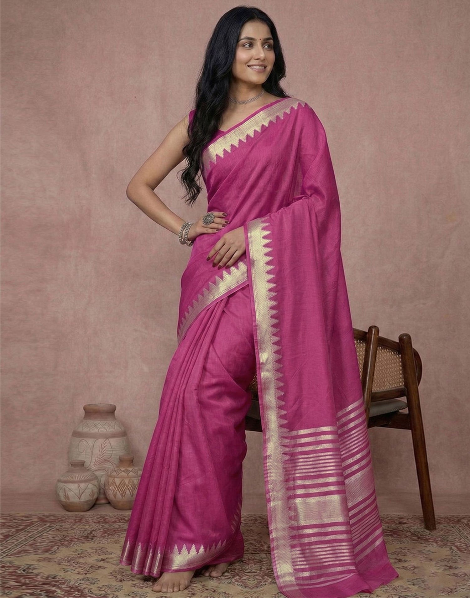 Pink Cotton Silk Woven Border Saree