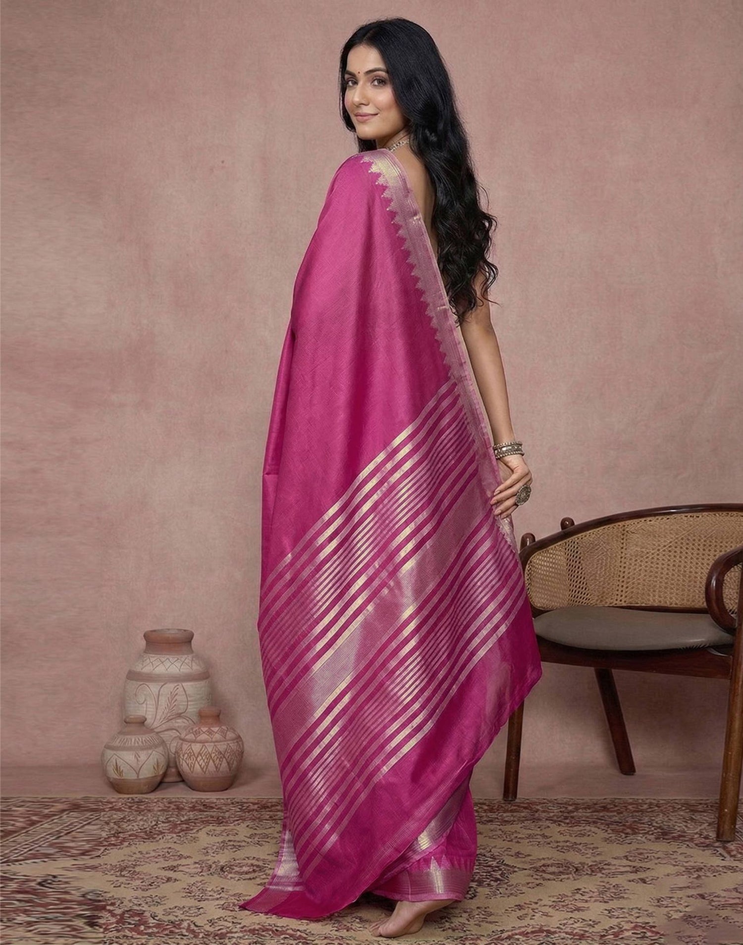 Pink Cotton Silk Woven Border Saree