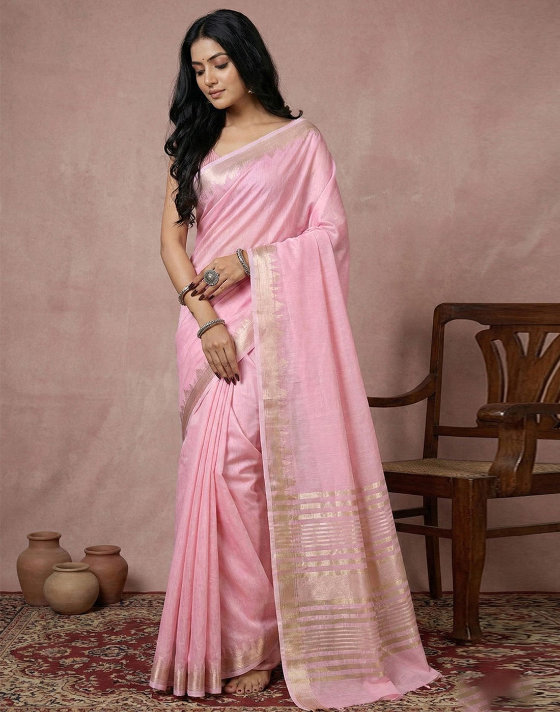 Coral Pink Cotton Silk Woven Border Saree