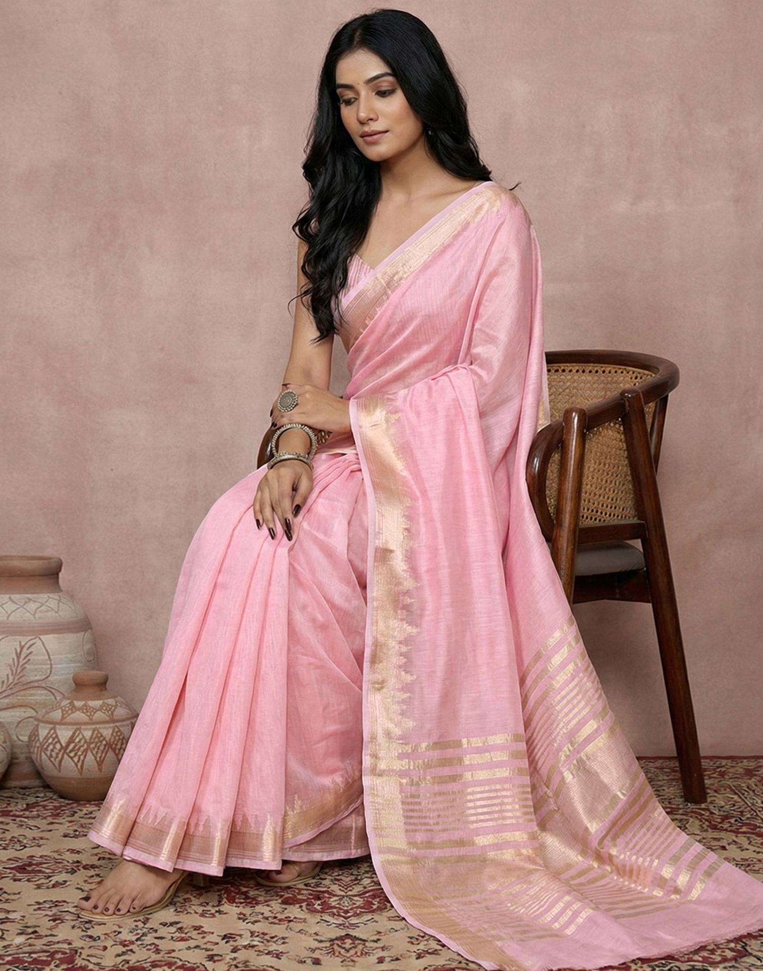 Coral Pink Cotton Silk Woven Border Saree