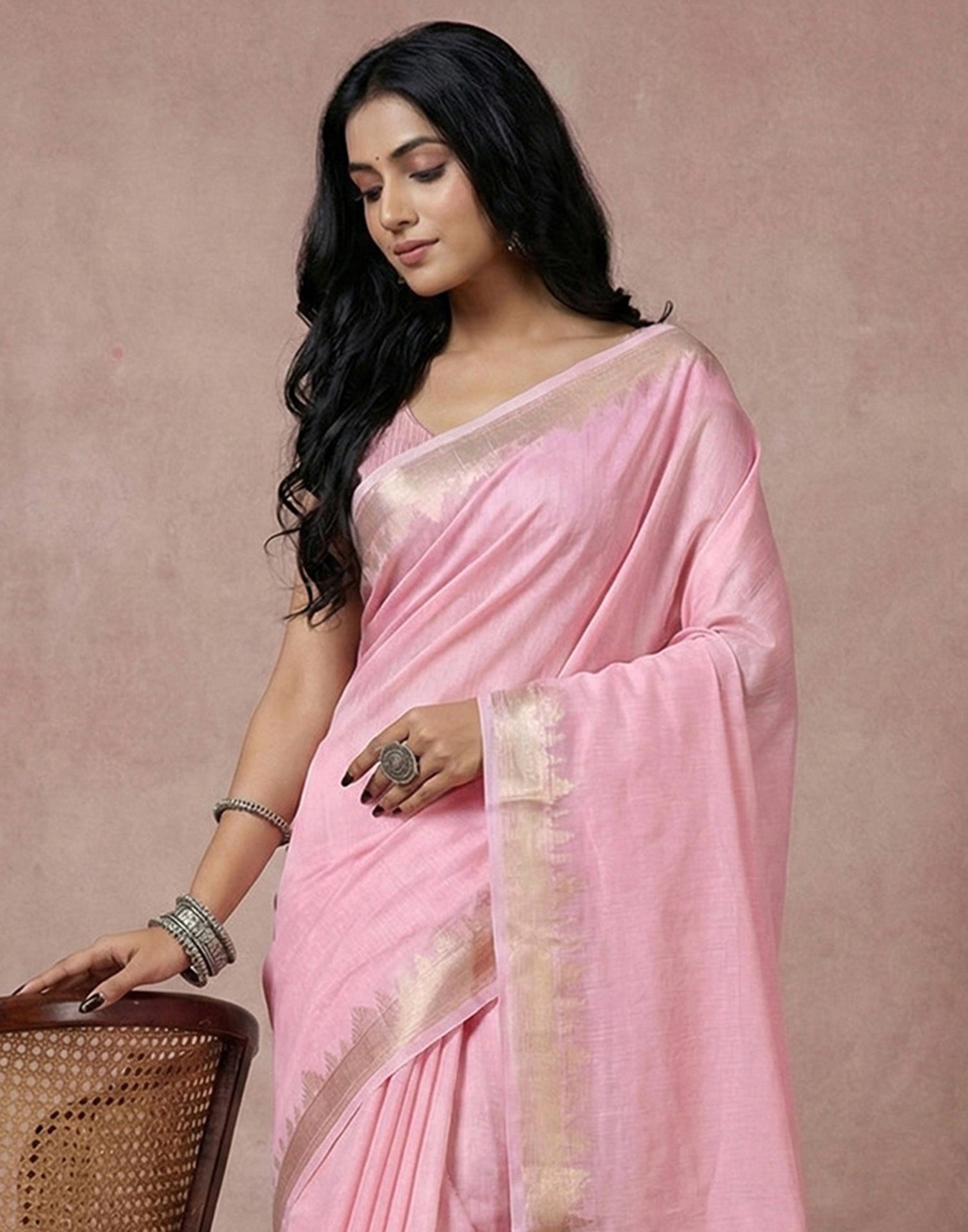 Coral Pink Cotton Silk Woven Border Saree