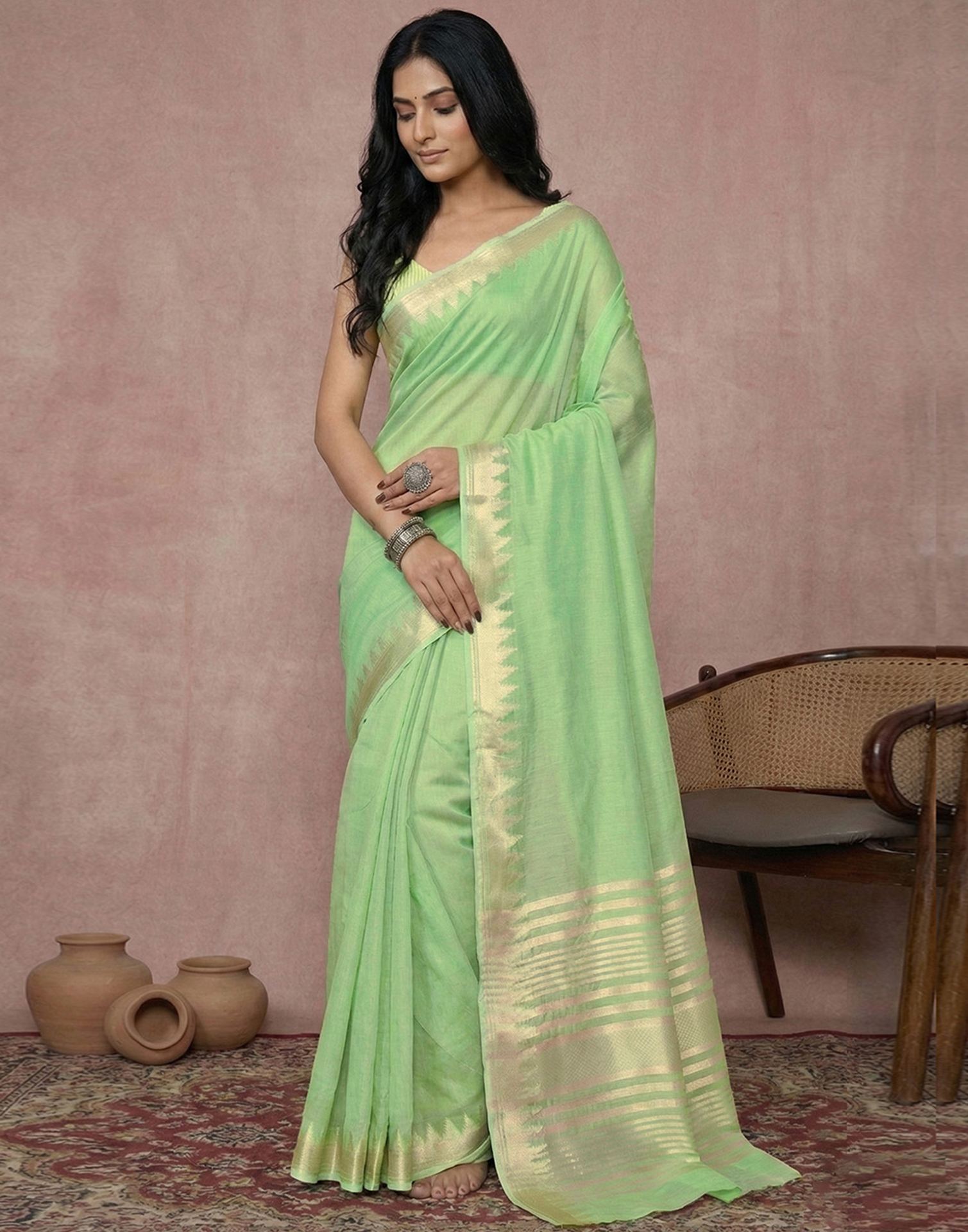 Mint Green Cotton Silk Woven Border Saree