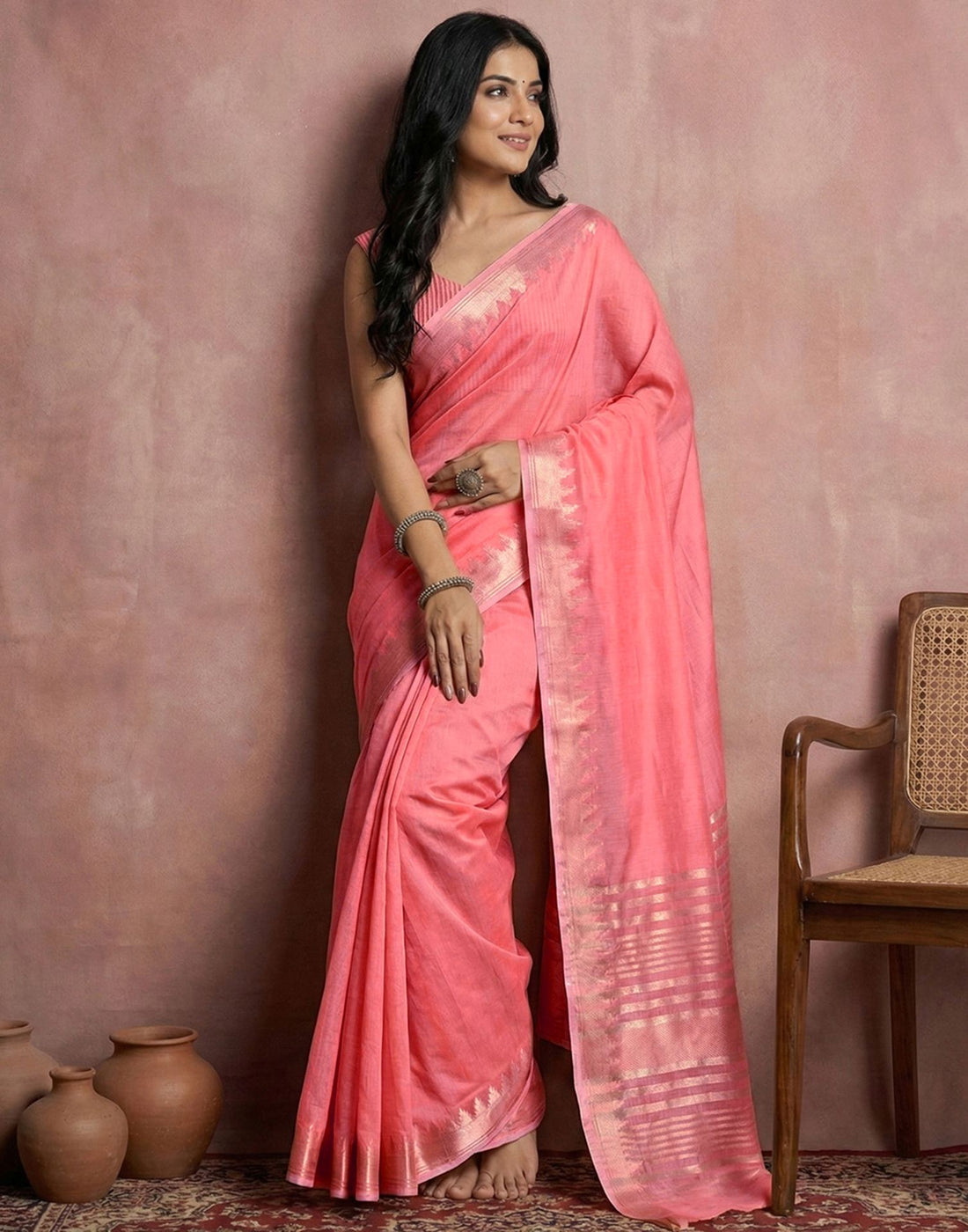 Peach Cotton Silk Woven Border Saree