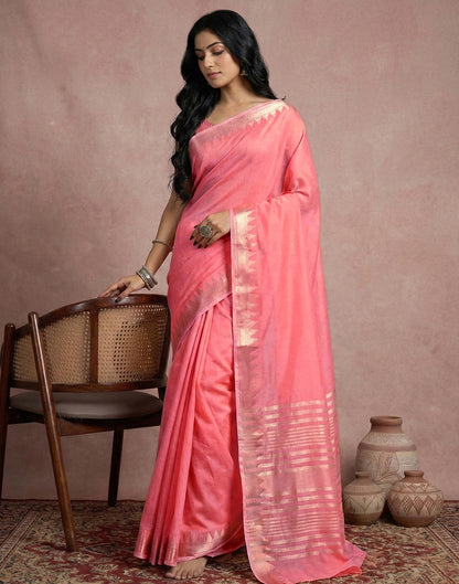 Peach Cotton Silk Woven Border Saree