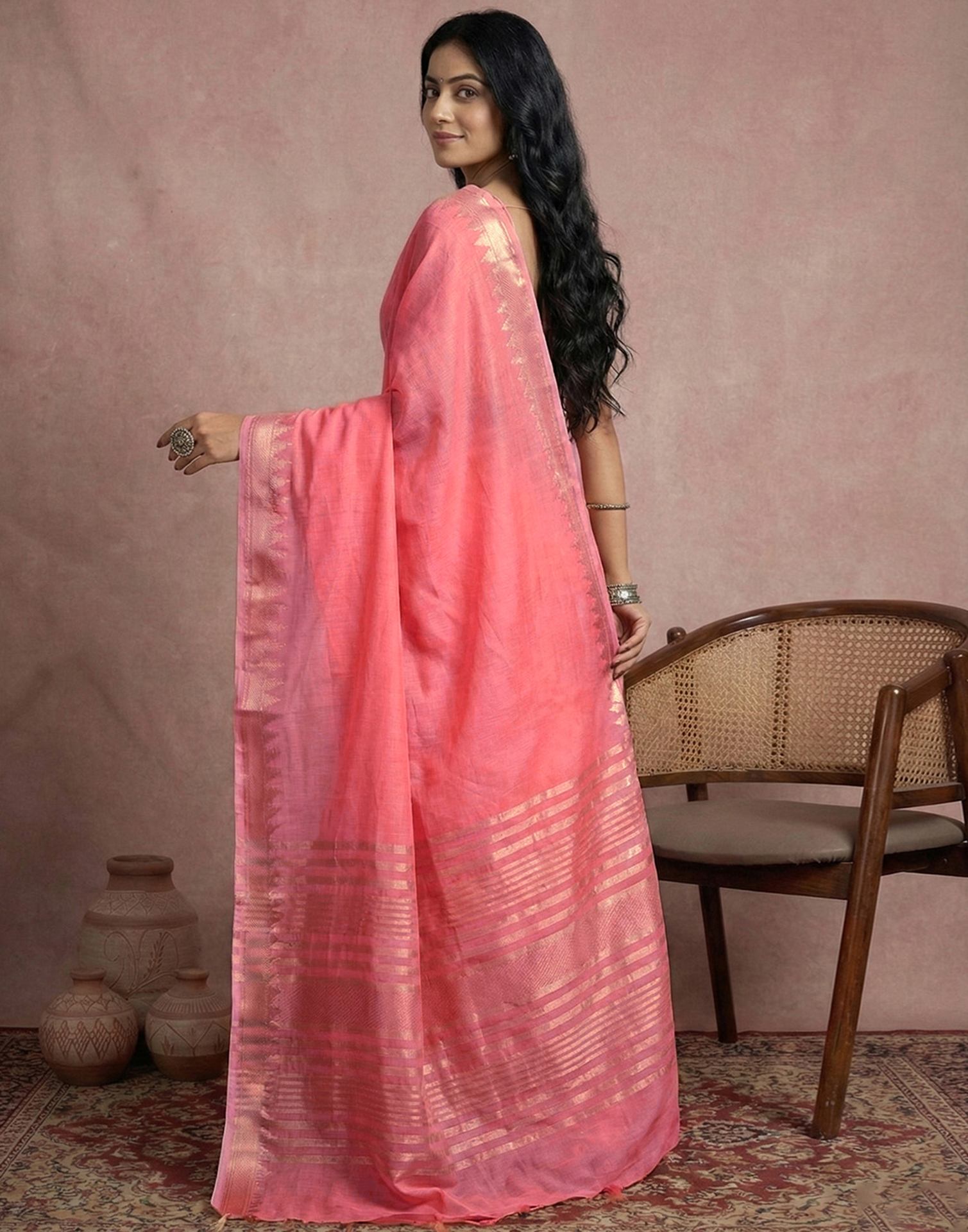 Peach Cotton Silk Woven Border Saree