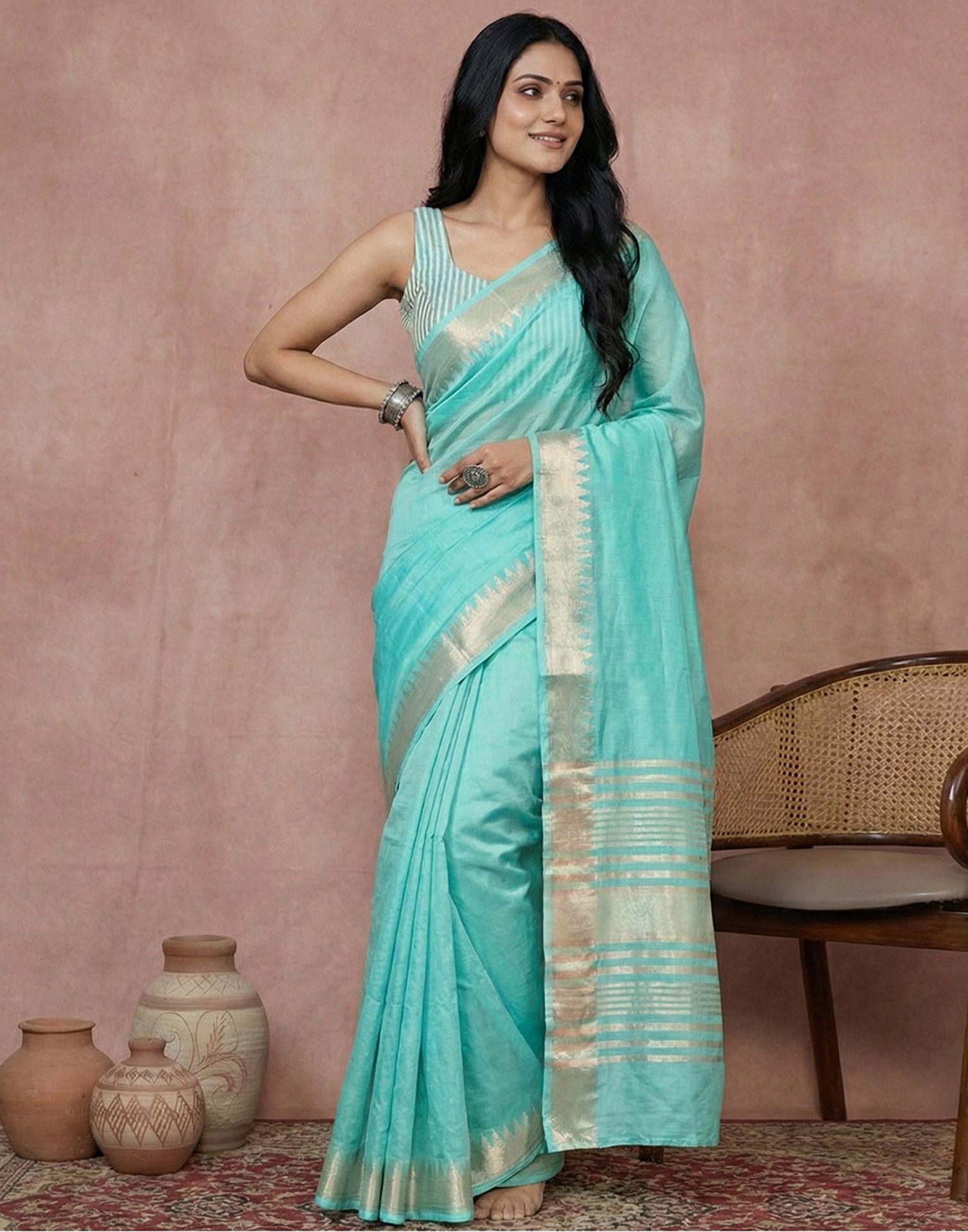 Turquoise Cotton Silk Woven Border Saree
