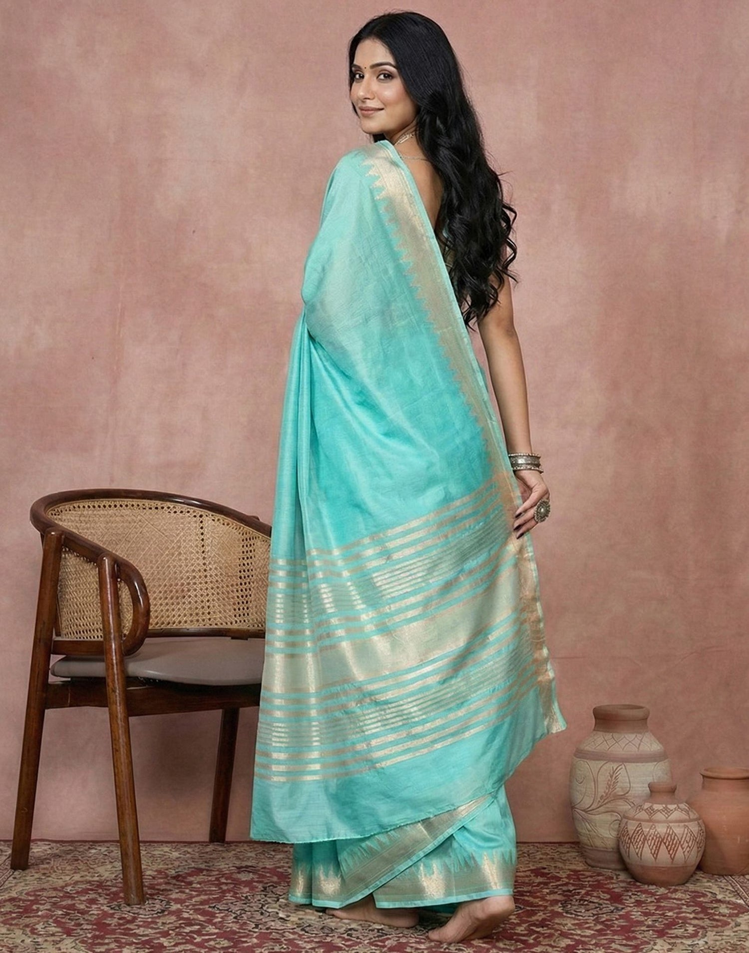 Turquoise Cotton Silk Woven Border Saree
