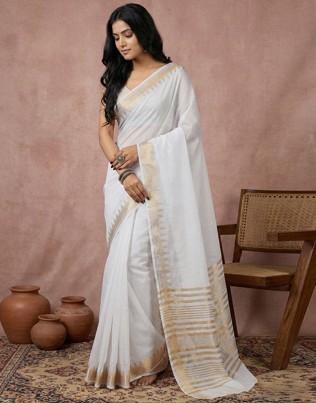 White Cotton Silk Woven Border Saree