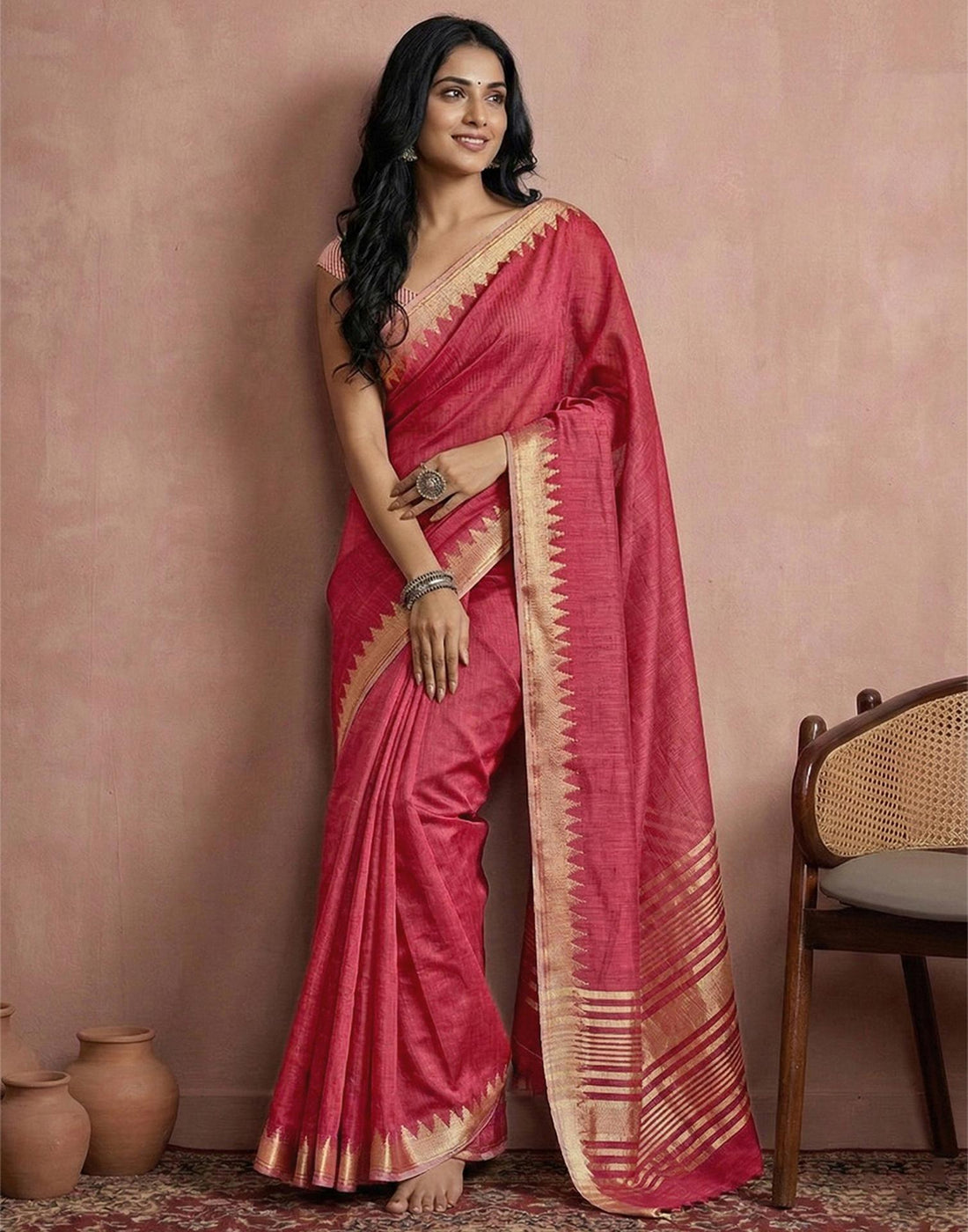 Coral Peach Cotton Silk Woven Border Saree