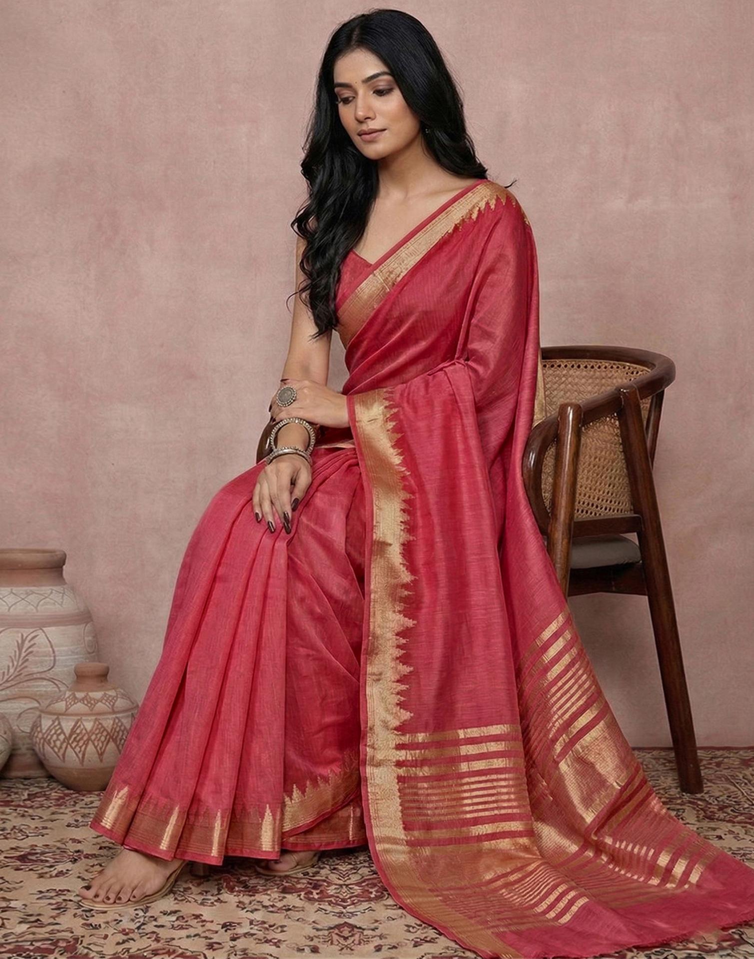 Coral Peach Cotton Silk Woven Border Saree