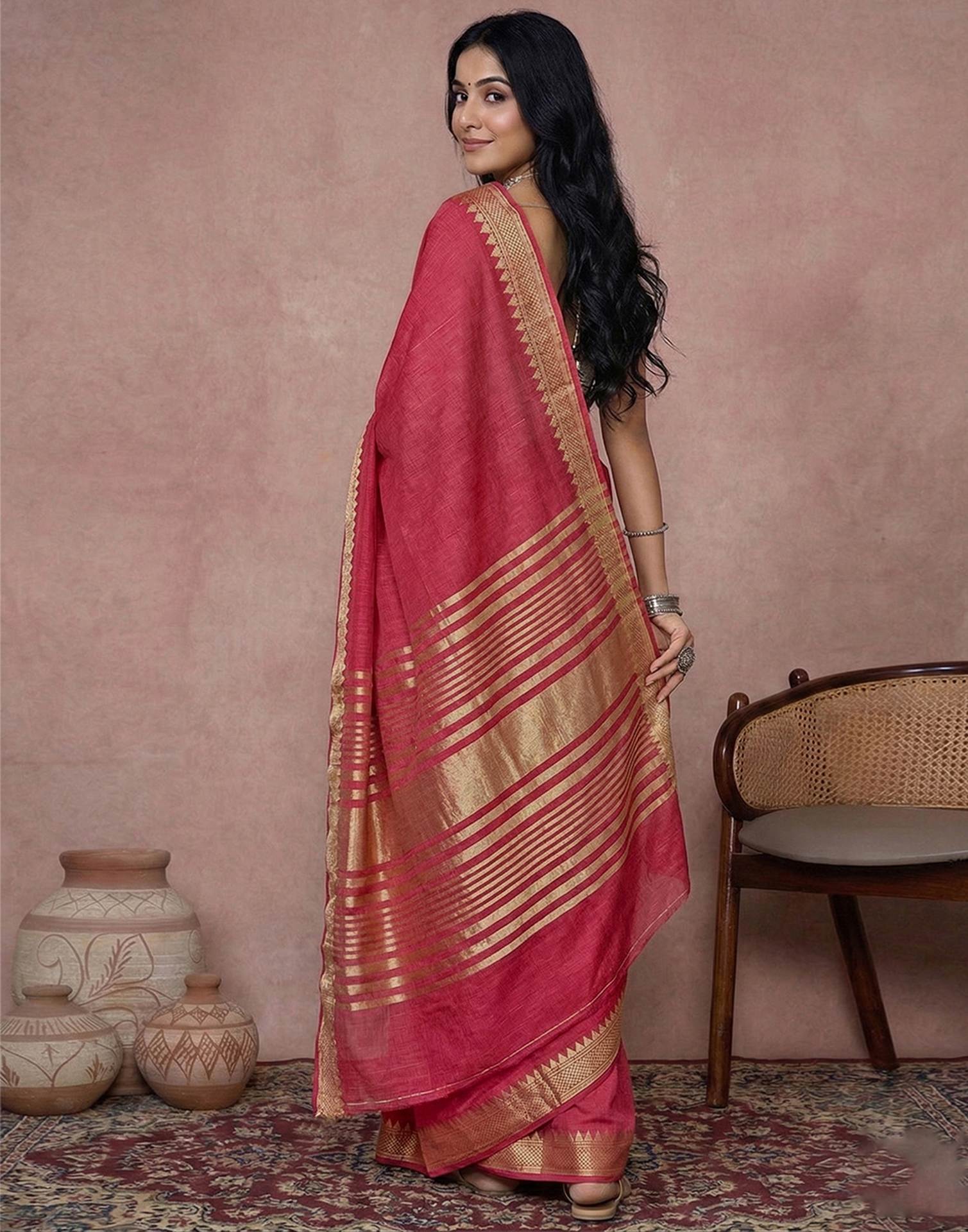Coral Peach Cotton Silk Woven Border Saree