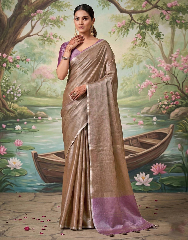 Brown Cotton Silk Tassels Woven Saree