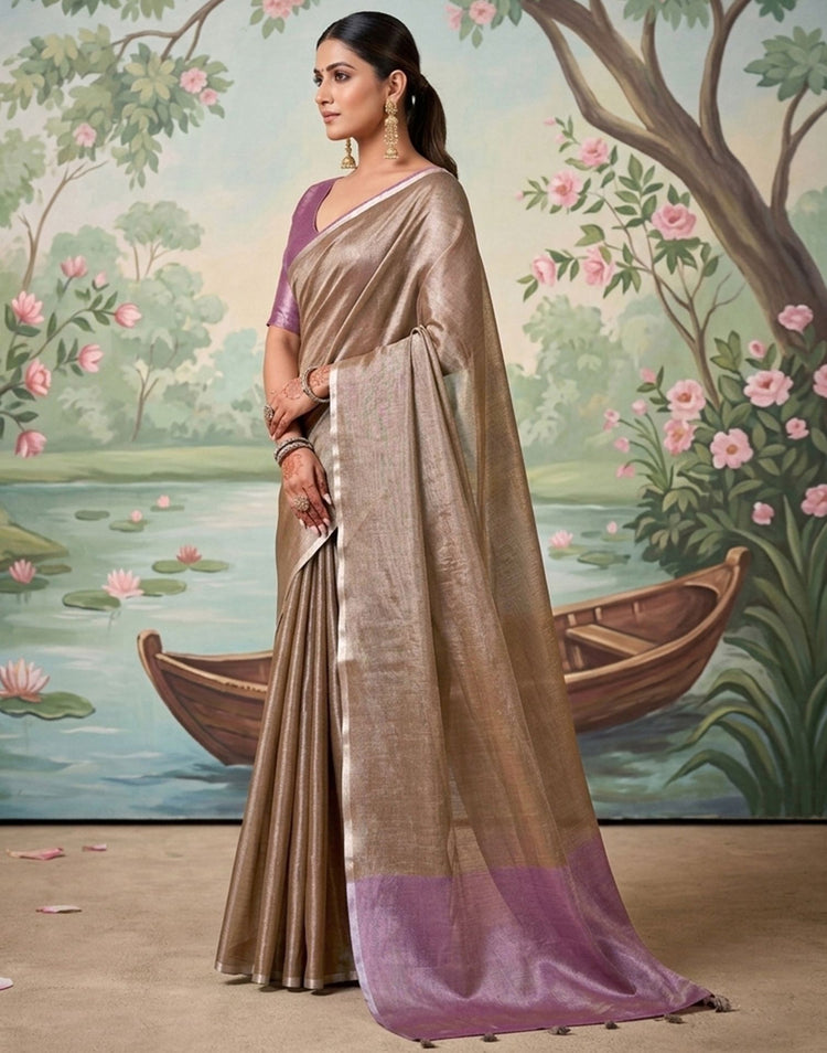 Brown Cotton Silk Tassels Woven Saree