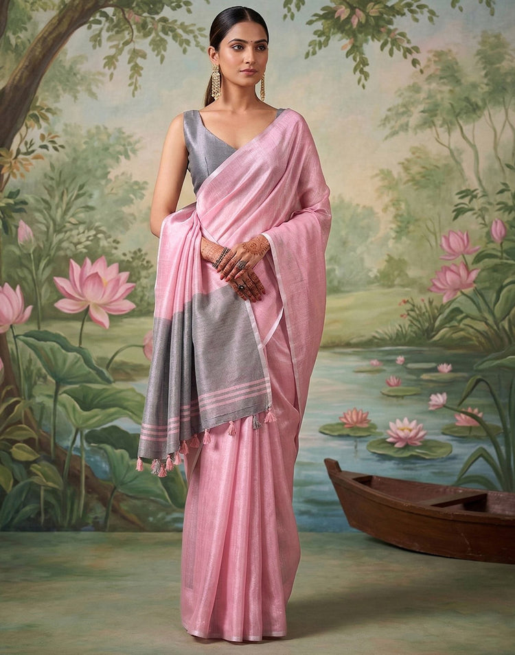 Baby Pink Cotton Silk Tassels Woven Saree