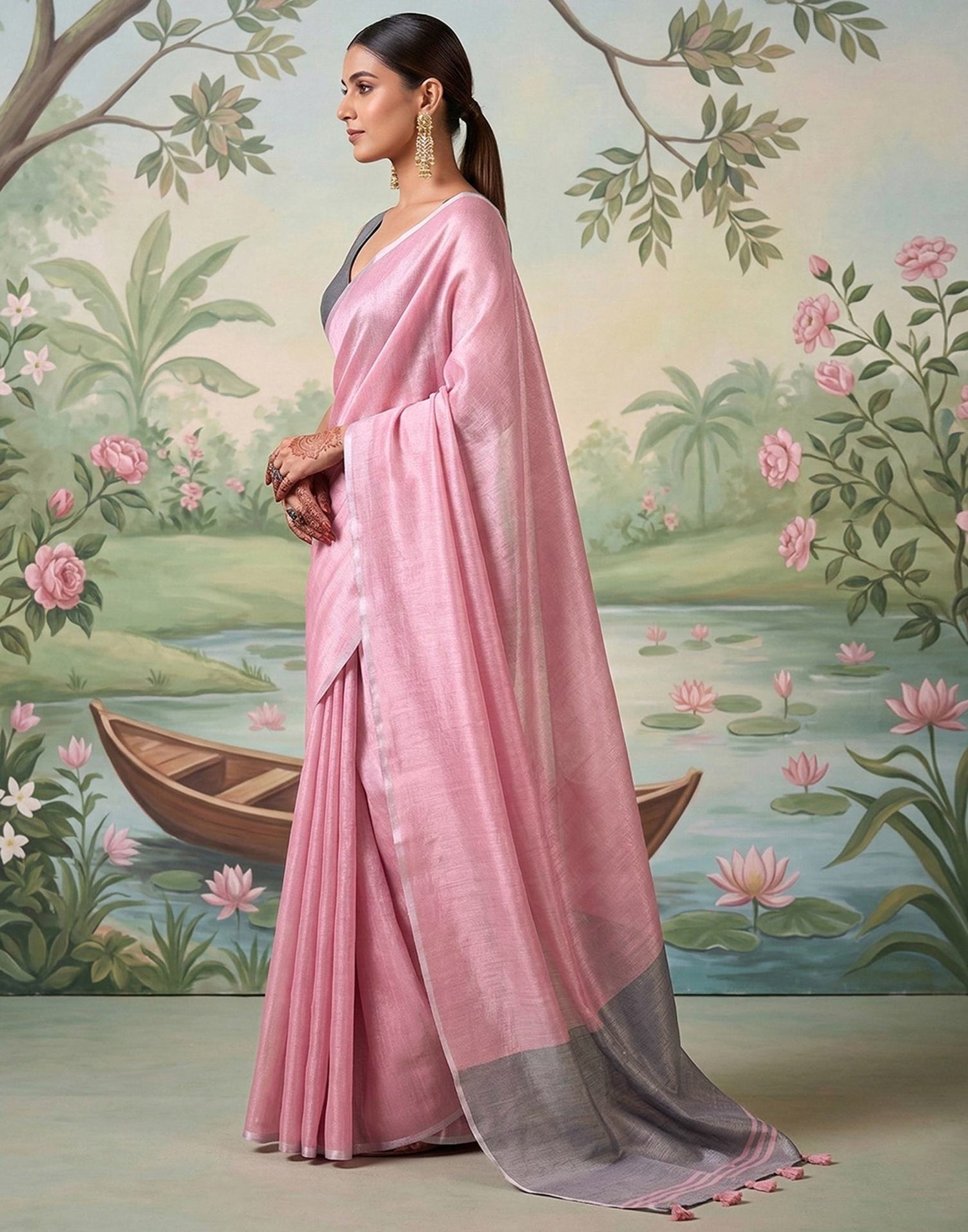 Baby Pink Cotton Silk Tassels Woven Saree