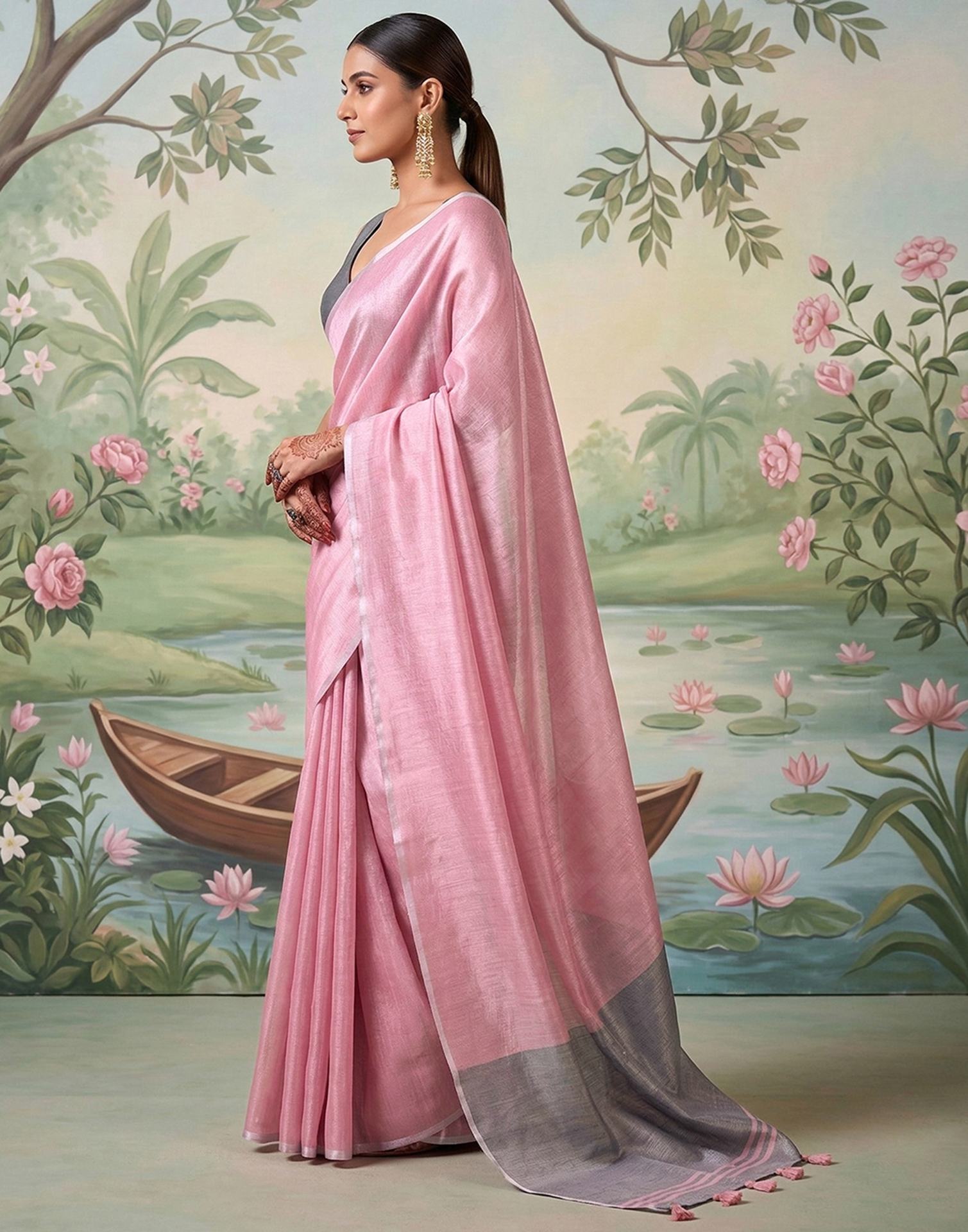Baby Pink Cotton Silk Tassels Woven Saree
