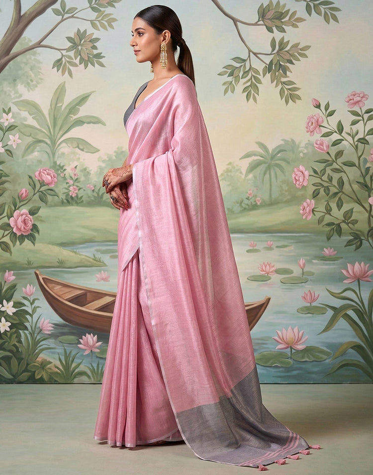 Baby Pink Cotton Silk Tassels Woven Saree