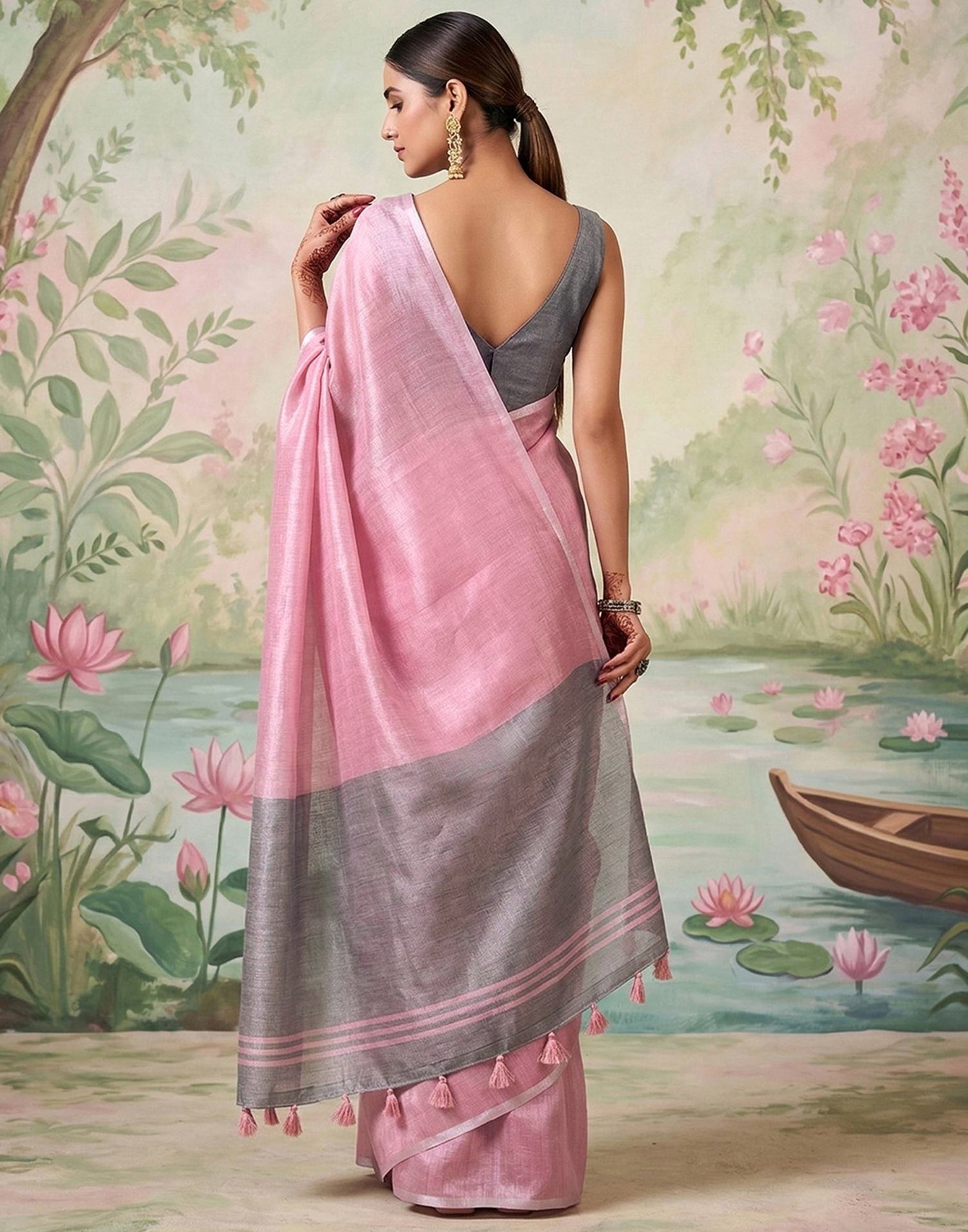 Baby Pink Cotton Silk Tassels Woven Saree