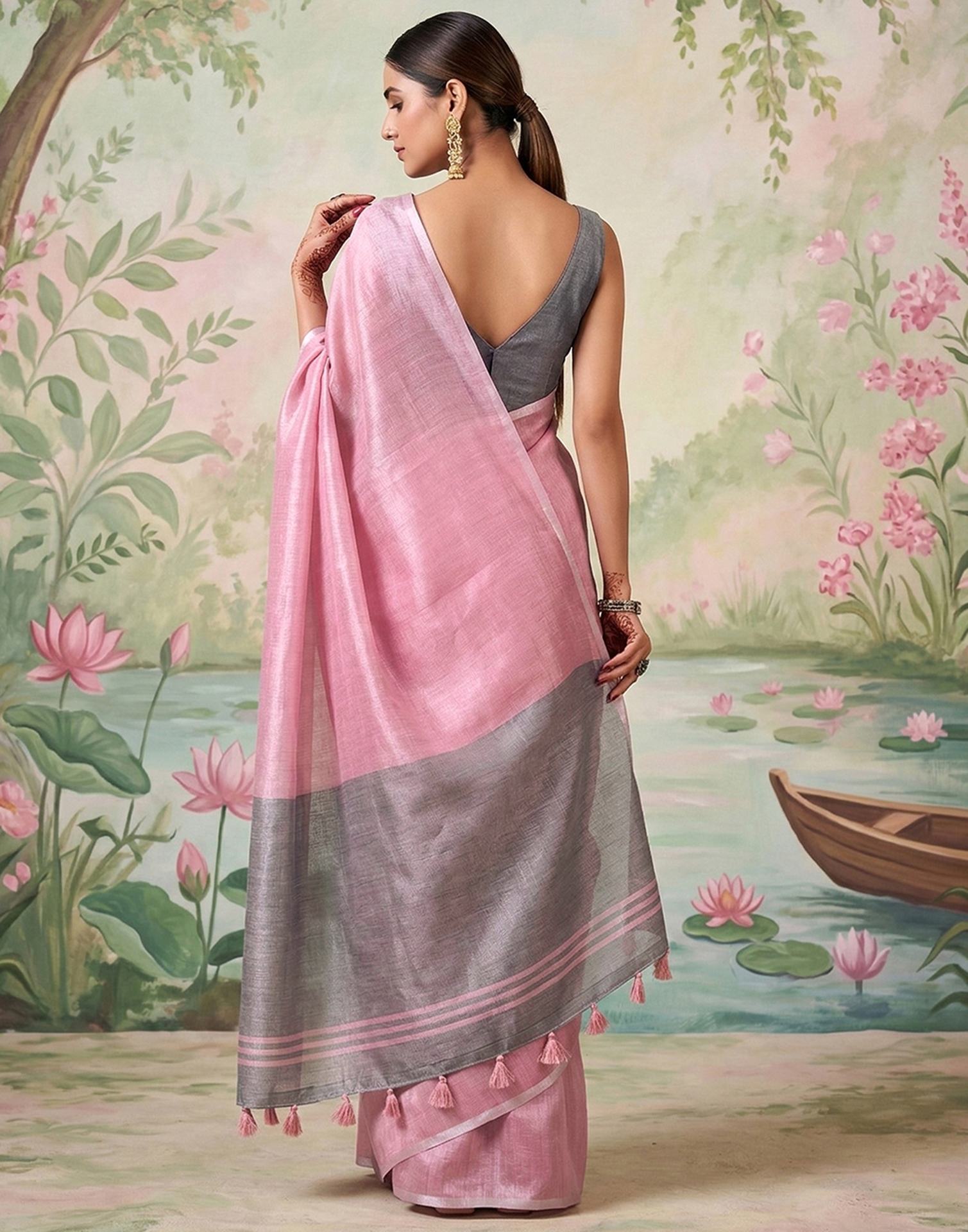 Baby Pink Cotton Silk Tassels Woven Saree