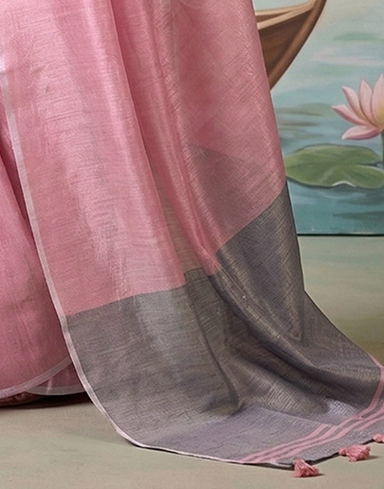 Baby Pink Cotton Silk Tassels Woven Saree