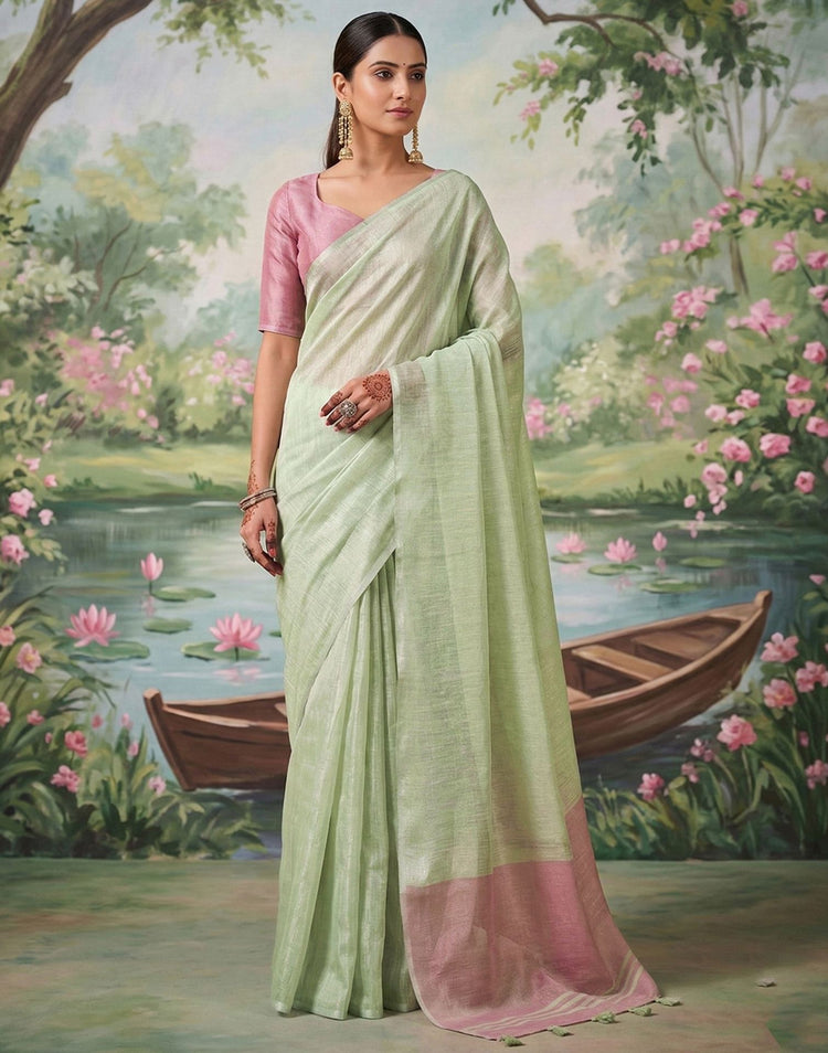 Dusty Mint Green Cotton Silk Tassels Woven Saree