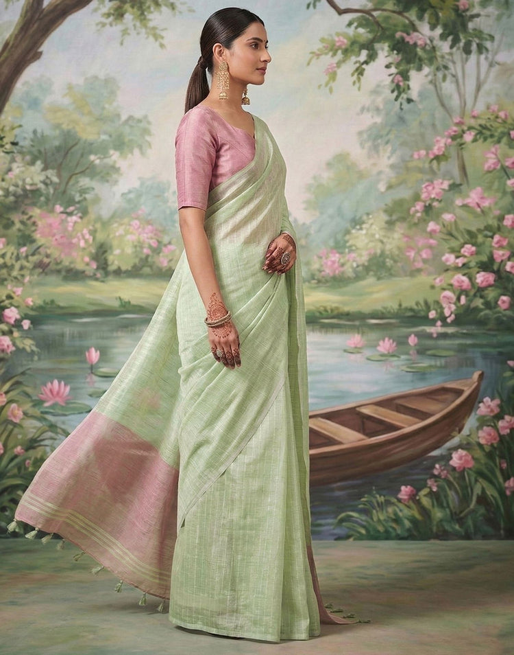 Dusty Mint Green Cotton Silk Tassels Woven Saree