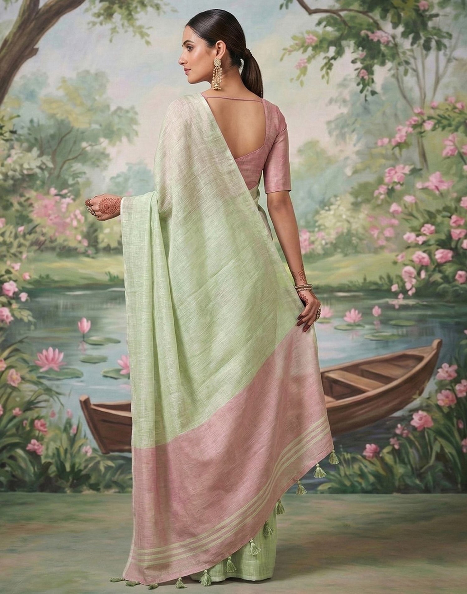 Dusty Mint Green Cotton Silk Tassels Woven Saree