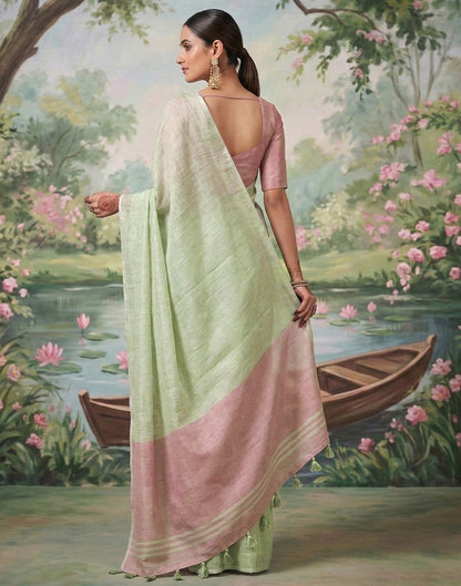 Dusty Mint Green Cotton Silk Tassels Woven Saree