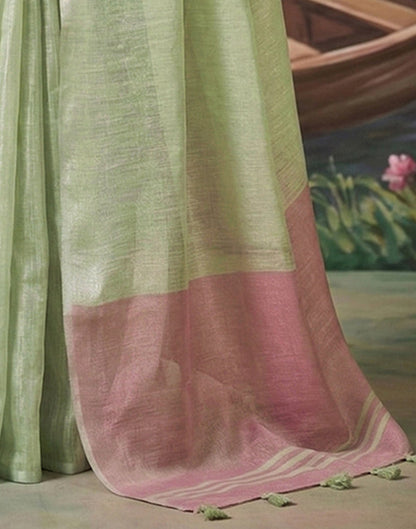 Dusty Mint Green Cotton Silk Tassels Woven Saree
