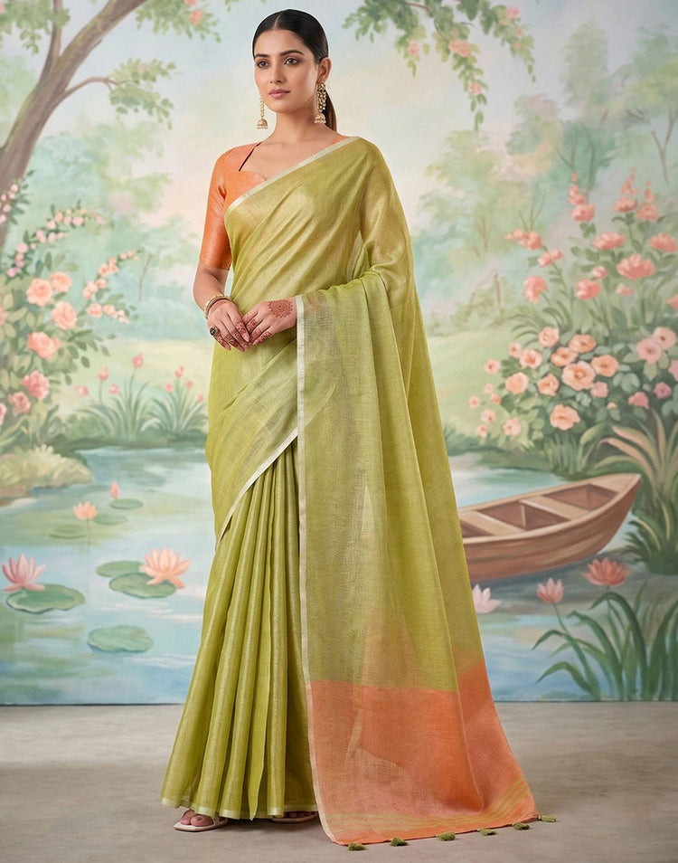 Light Mehndi Green Cotton Silk Tassels Woven Saree