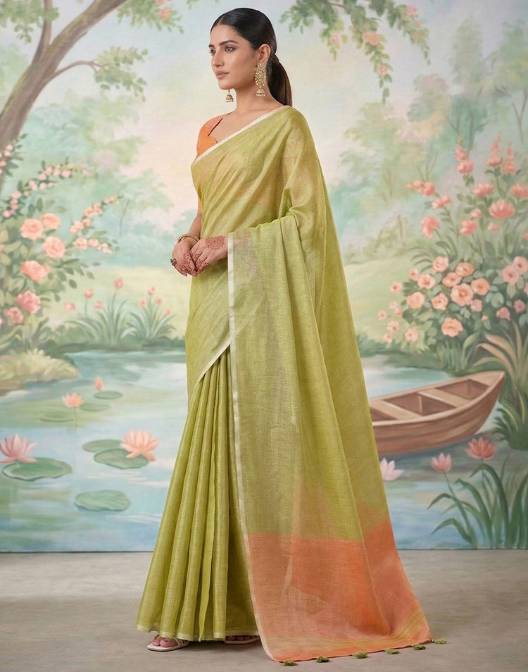 Light Mehndi Green Cotton Silk Tassels Woven Saree