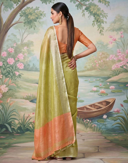 Light Mehndi Green Cotton Silk Tassels Woven Saree