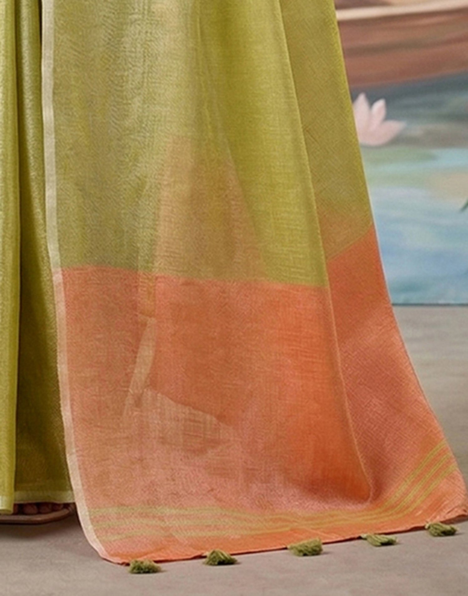 Light Mehndi Green Cotton Silk Tassels Woven Saree