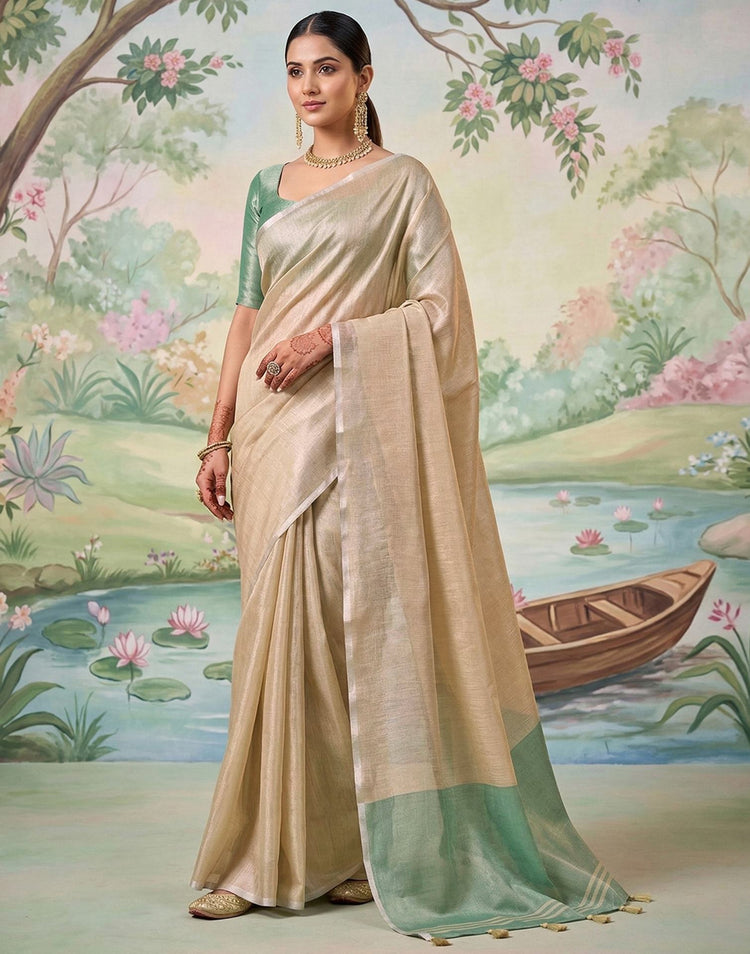 Beige Cotton Silk Tassels Woven Saree