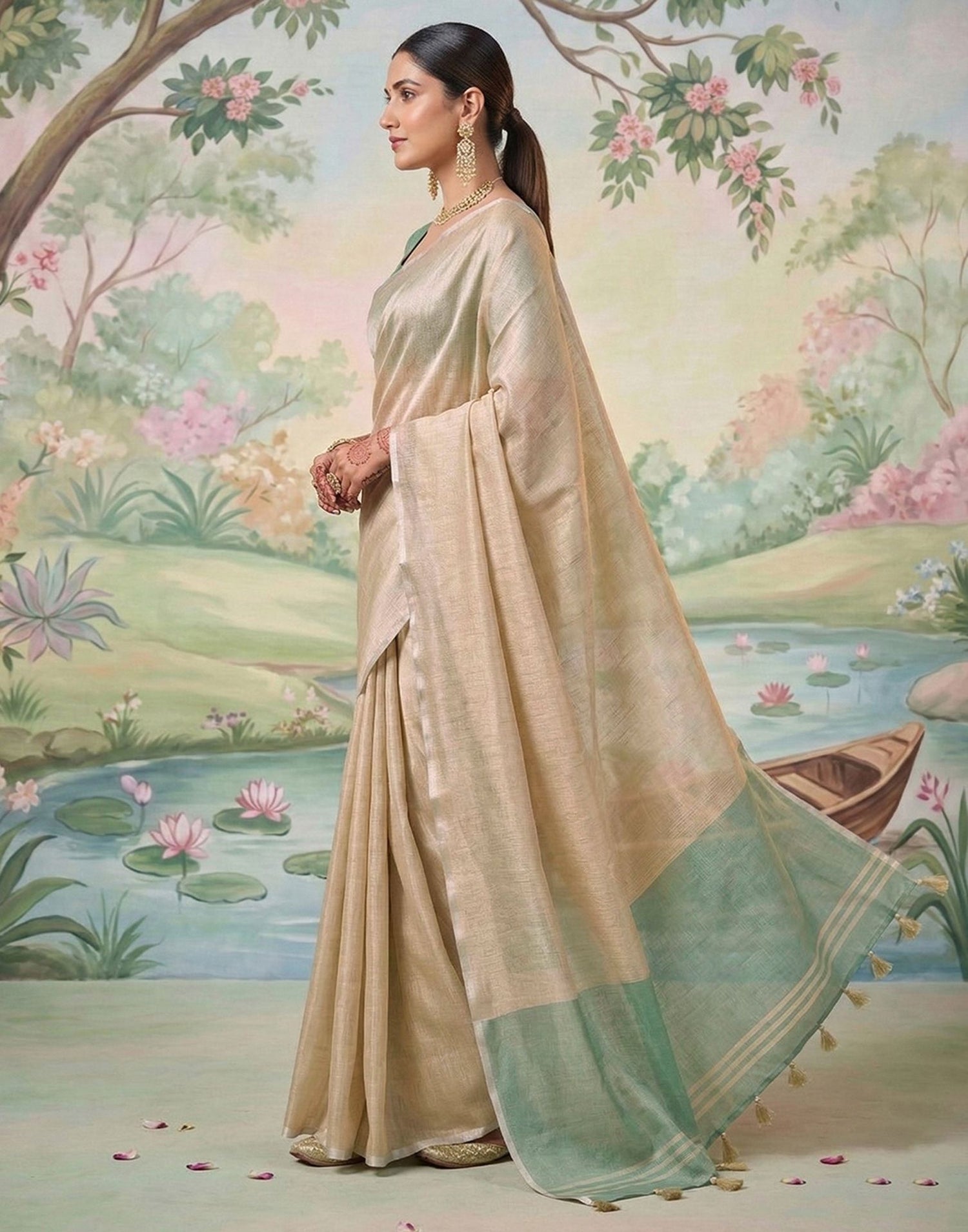 Beige Cotton Silk Tassels Woven Saree