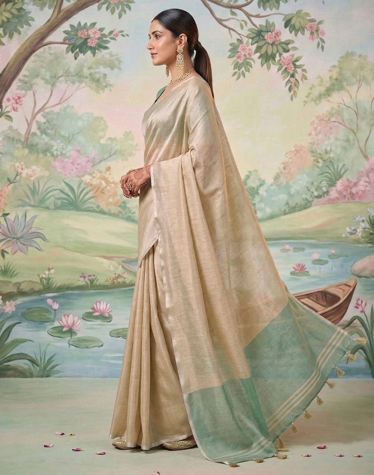 Beige Cotton Silk Tassels Woven Saree