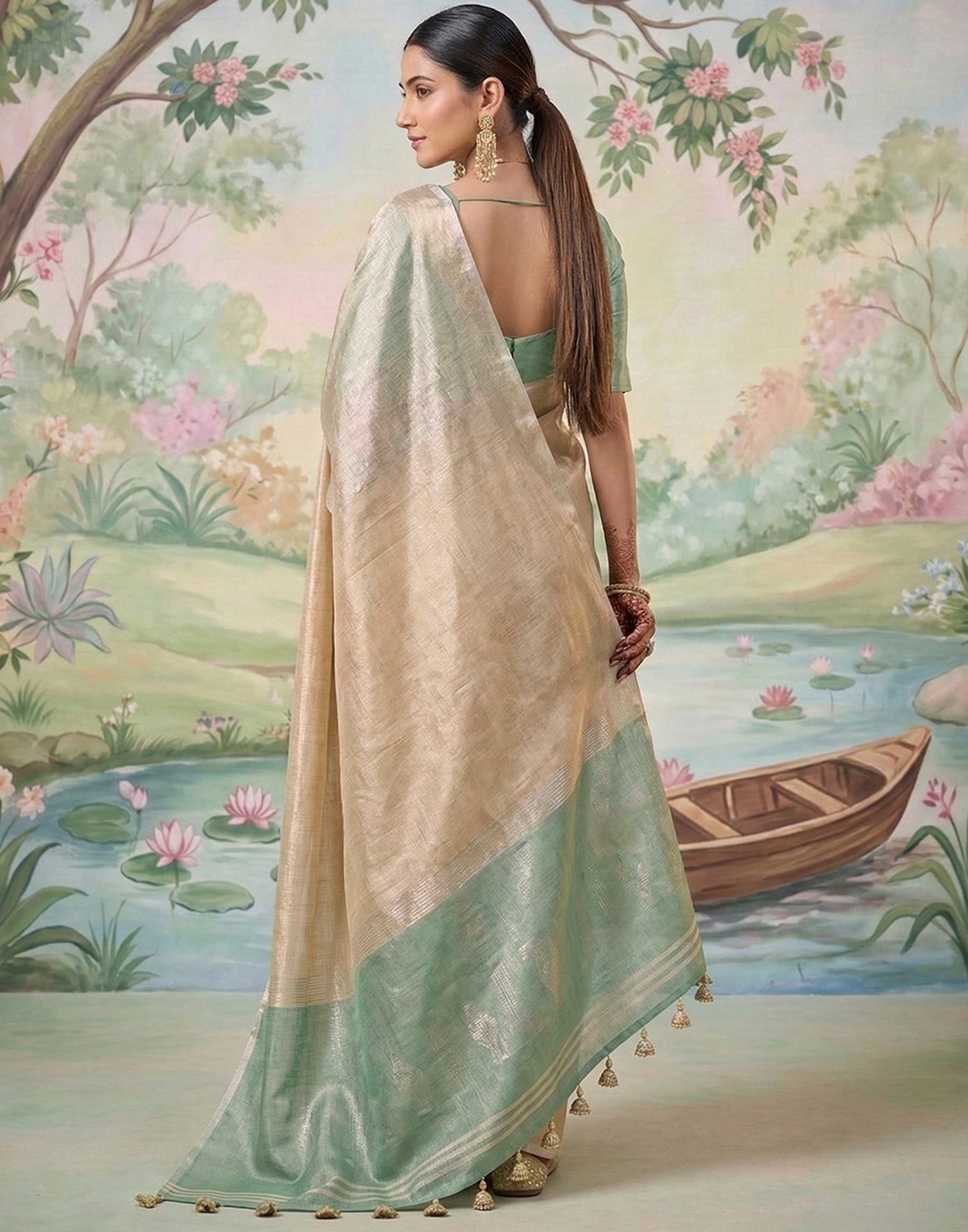 Beige Cotton Silk Tassels Woven Saree