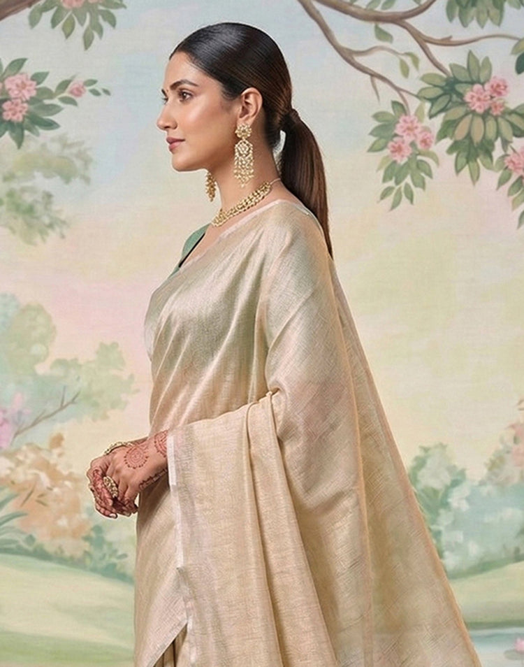 Beige Cotton Silk Tassels Woven Saree