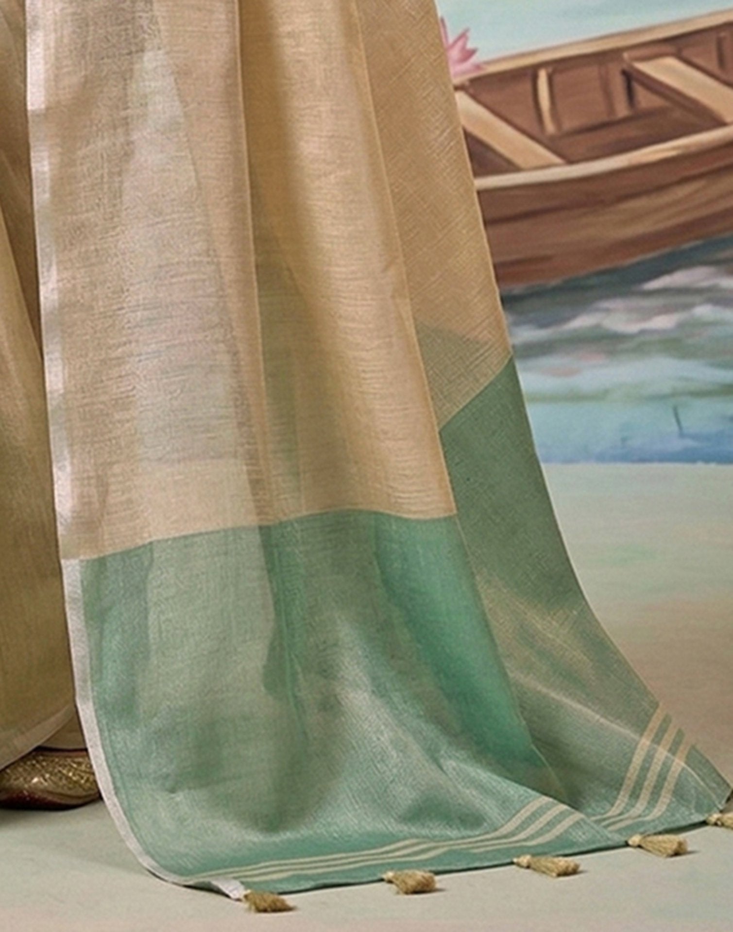 Beige Cotton Silk Tassels Woven Saree
