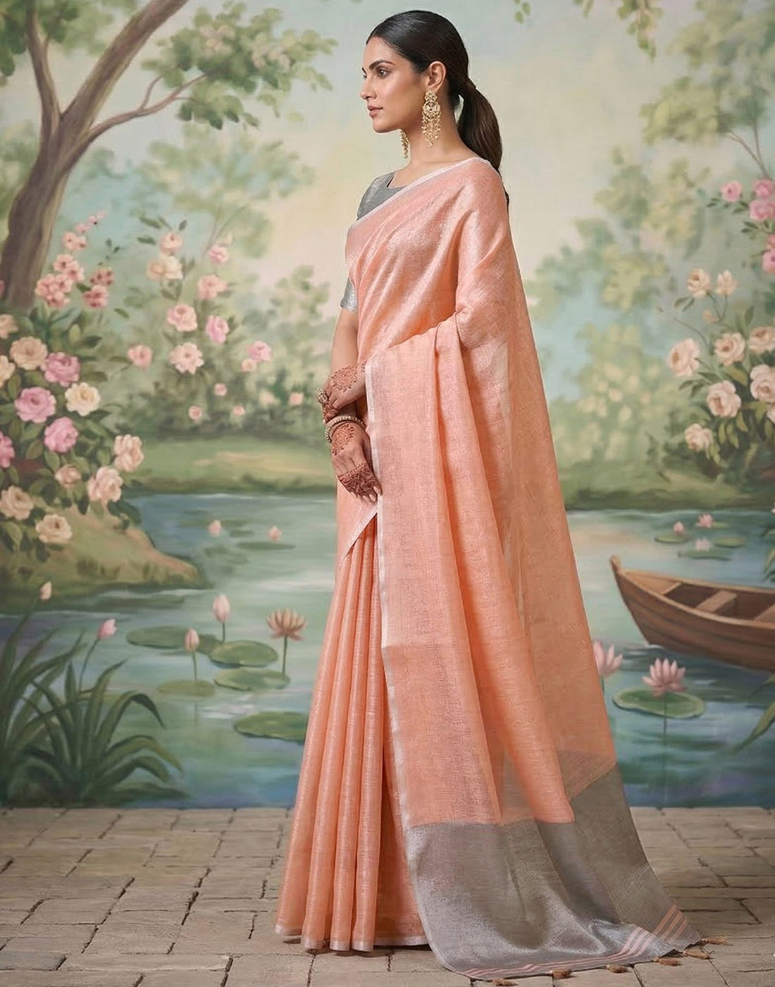 Peach Cotton Silk Tassels Woven Saree