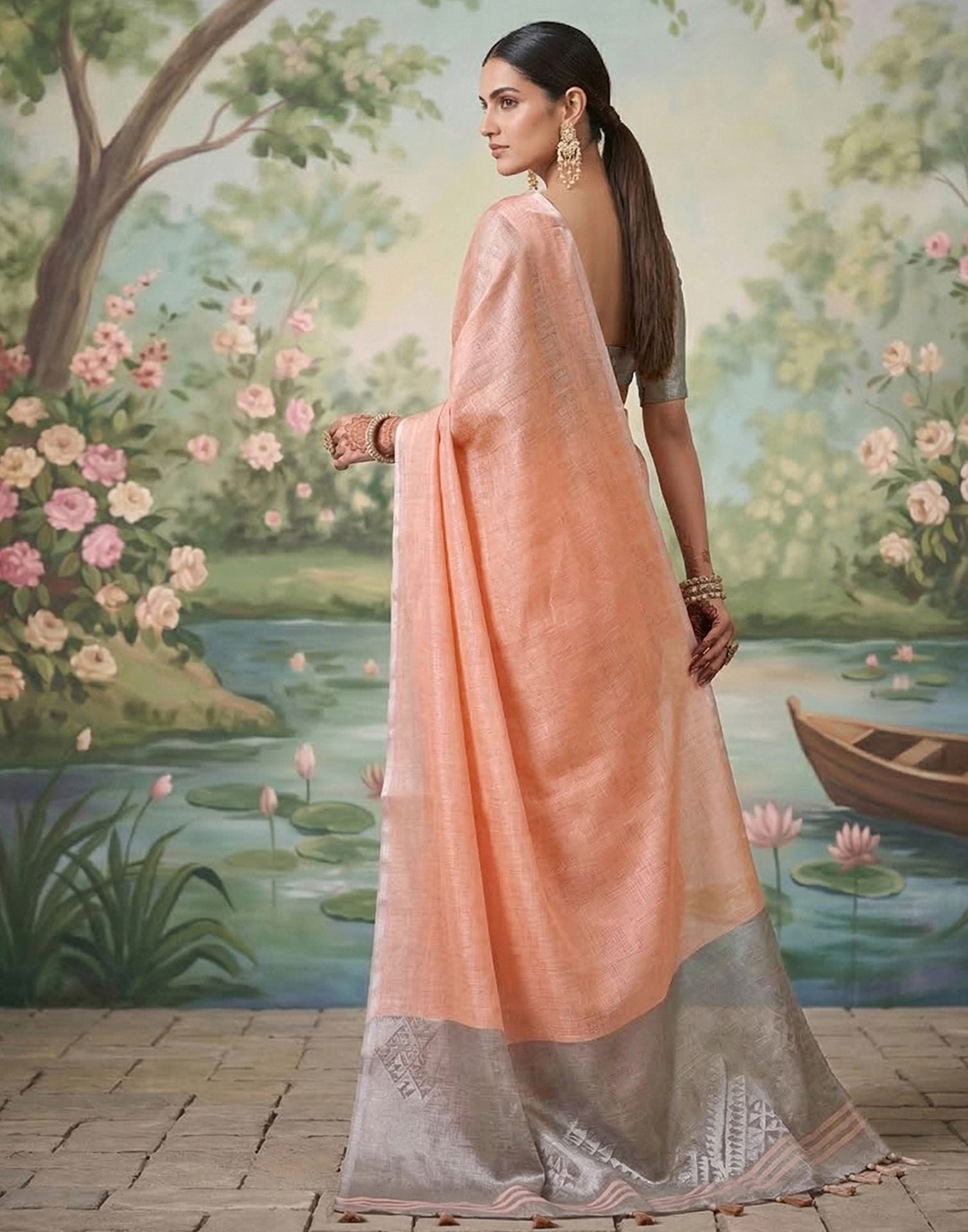 Peach Cotton Silk Tassels Woven Saree