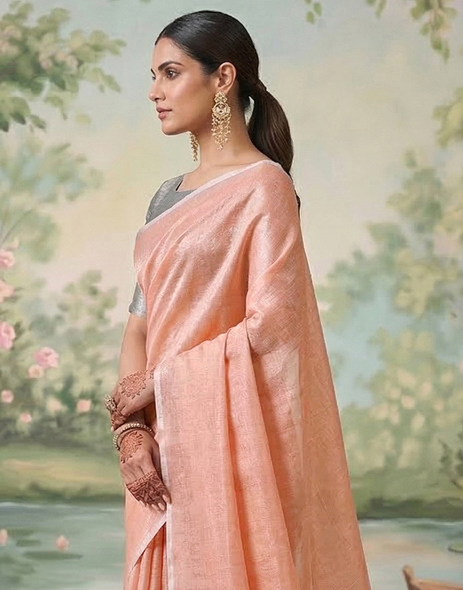 Peach Cotton Silk Tassels Woven Saree