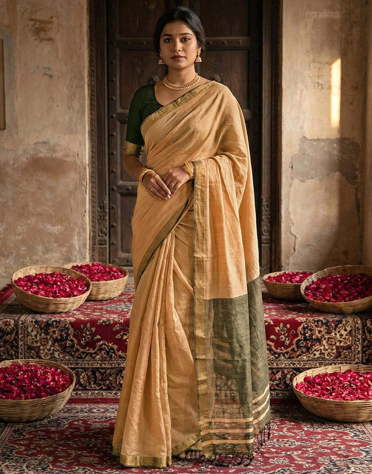 Dusty Mustard Beige Chanderi Cotton Zari Border Woven Saree