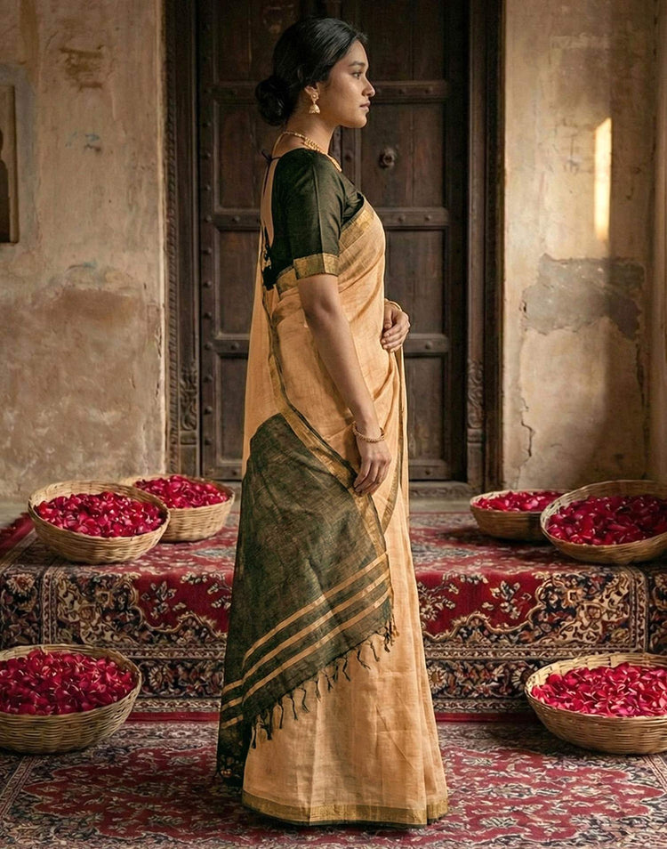 Dusty Mustard Beige Chanderi Cotton Zari Border Woven Saree