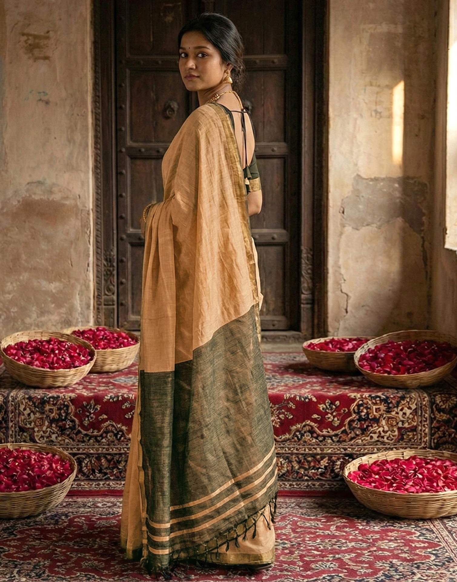 Dusty Mustard Beige Chanderi Cotton Zari Border Woven Saree