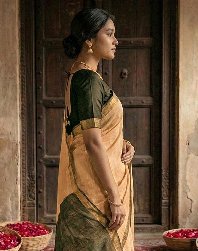 Dusty Mustard Beige Chanderi Cotton Zari Border Woven Saree