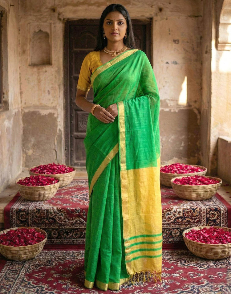 Parrot Green Chanderi Cotton Zari Border Woven Saree
